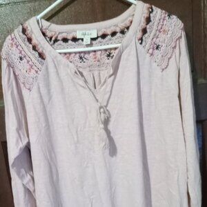 Style & Co Light Pink Long Sleeve Top W/ Crochet Detail & Ties At Neck- Size 2X